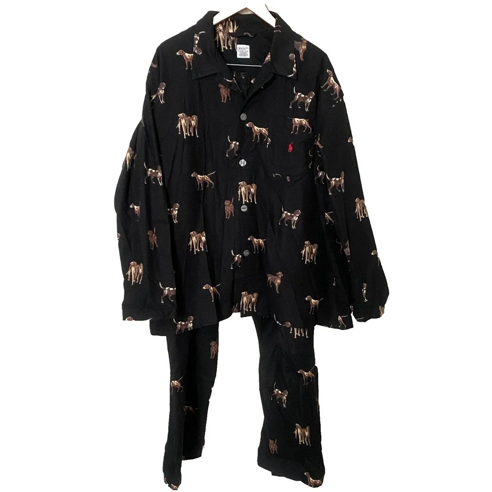 Vtg Polo Ralph Lauren XL Pajama Set Black Hunting Dog Flannel Sleepwear Lounge